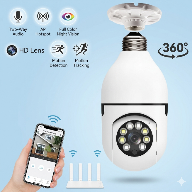 Light Bulb Wi-Fi Security Camera with 1080P HD Quality and Full-Color